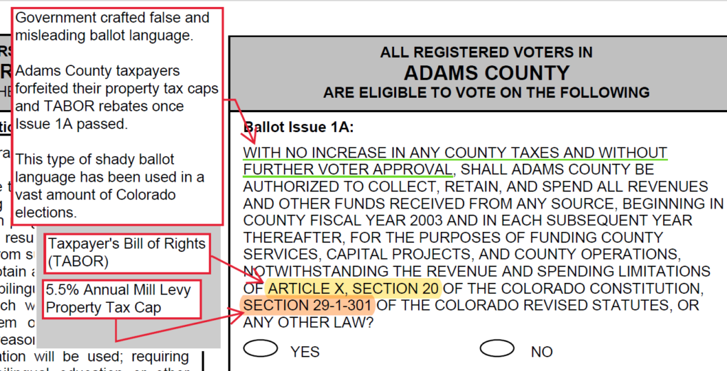 Misleading ballot language tricking voters into forfeiting property tax caps, Adams County ballot issue 1A.
